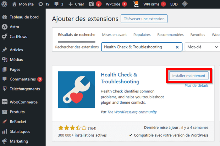 Installer le plugin Health & TroubleShouting WordPress