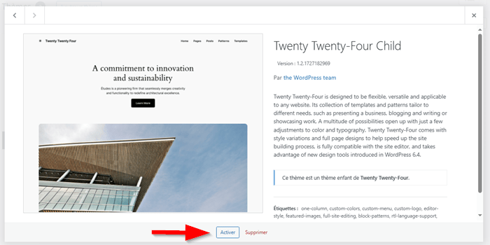 Activer le thème enfant sur WordPress