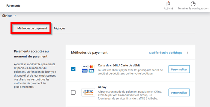 Configurer les types de cartes acceptées par Stripe