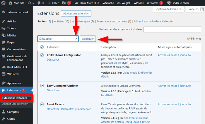 Désactiver les plugins WordPress sur l'espace d'administration