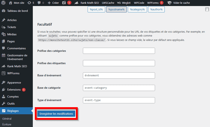 Enregistrer une nouvelle structure de permaliens sur WordPress