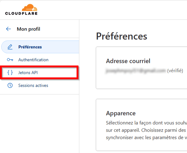 Section "Jeton" sur Cloudflare