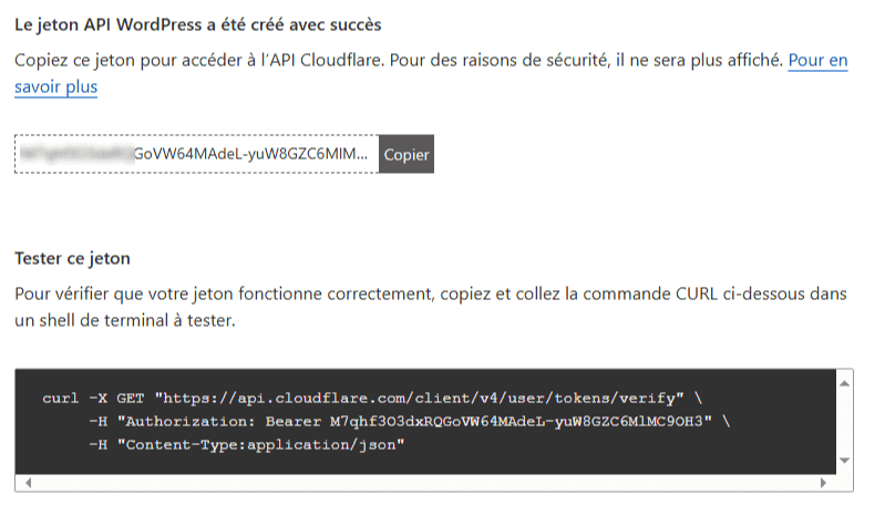 Copier le jeton API sur Cloudflare