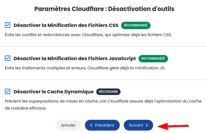 Ajuster les paramètres de minification de Cloudflare sur LWS Optimize