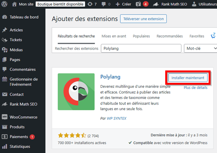 Installer l'extension Polylang pour WordPress