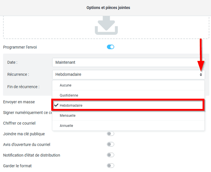 Choix de la fréquence d'envoi d'un e-mail récurent sur Webmail LWS