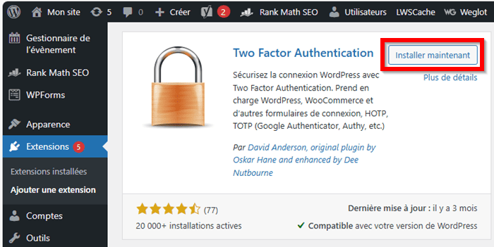 Activer la double authentification : installer le plugin Two Factor Authentication