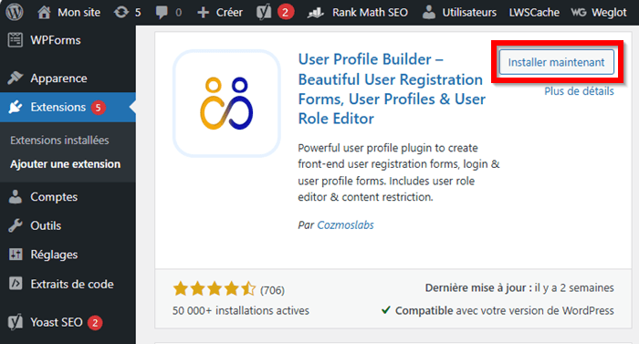 Installer l'extension User Profile Builder sur WordPress