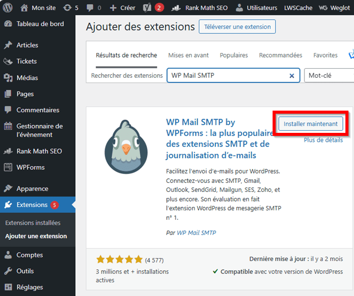 Validation de l'inscription par email : installer WP Mail SMTP