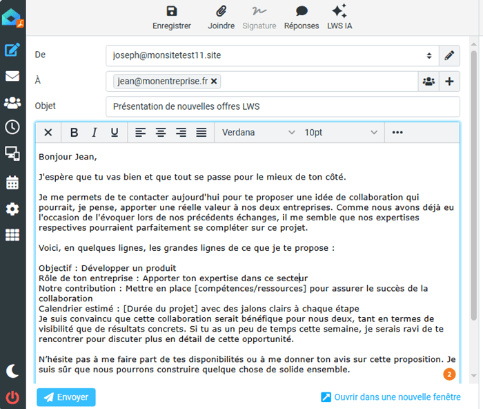 Intégration du texte corrigé par LWS IA dans Webmail