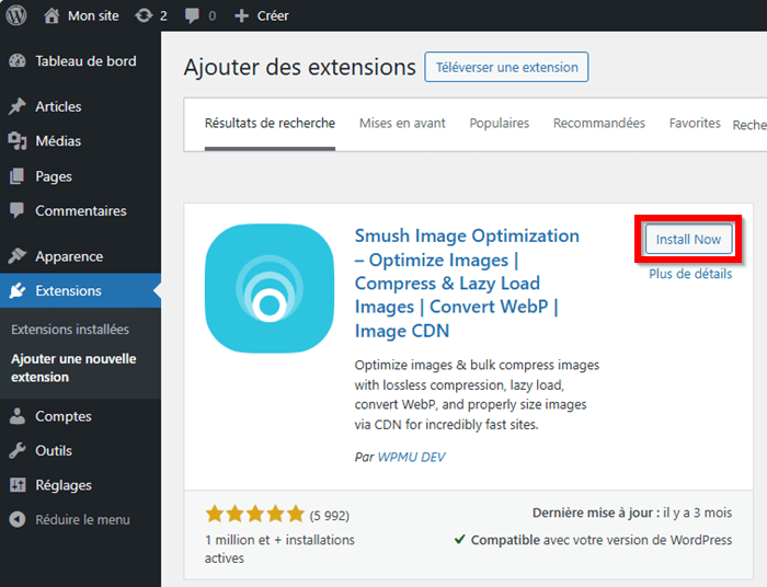 Installer le plugin Smush sur WordPress