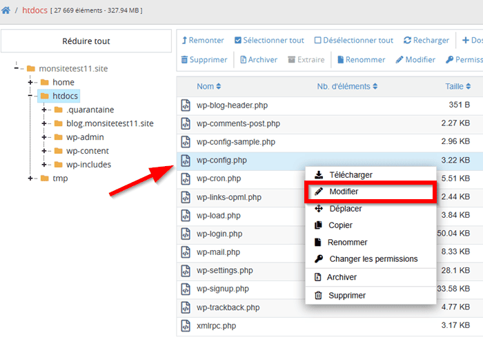 Modifier le fichier wp-config.php de WordPress en ligne