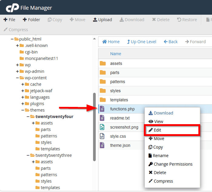 Modifier le fichier functions.php via File Manager