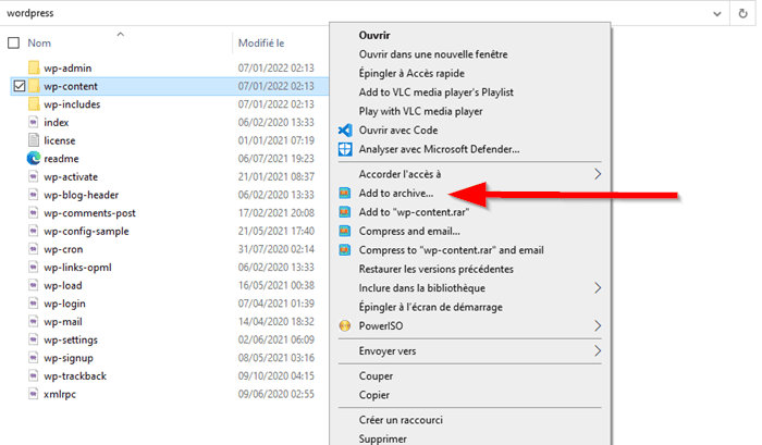 Archiver le dossier wp-content du site local