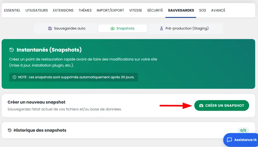 Créer un snapshot via WP Manager de LWS
