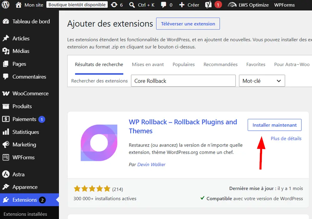 Installer le plugin WP Rollback