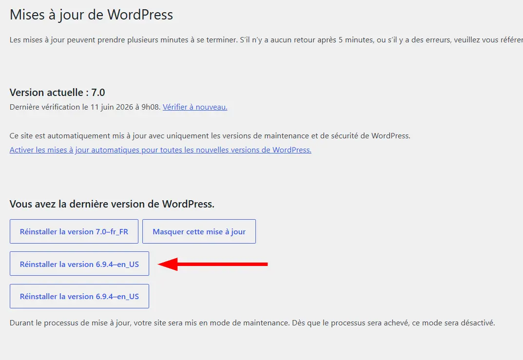 Réinstaller une version antérieure de WordPress