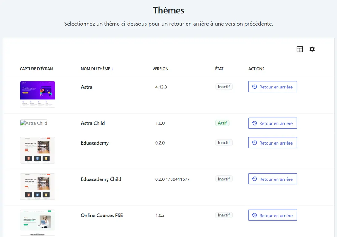 Restaurer un thème WordPress via WP Rollback