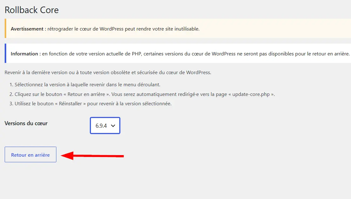 Revenir à une version antérieure de WordPress