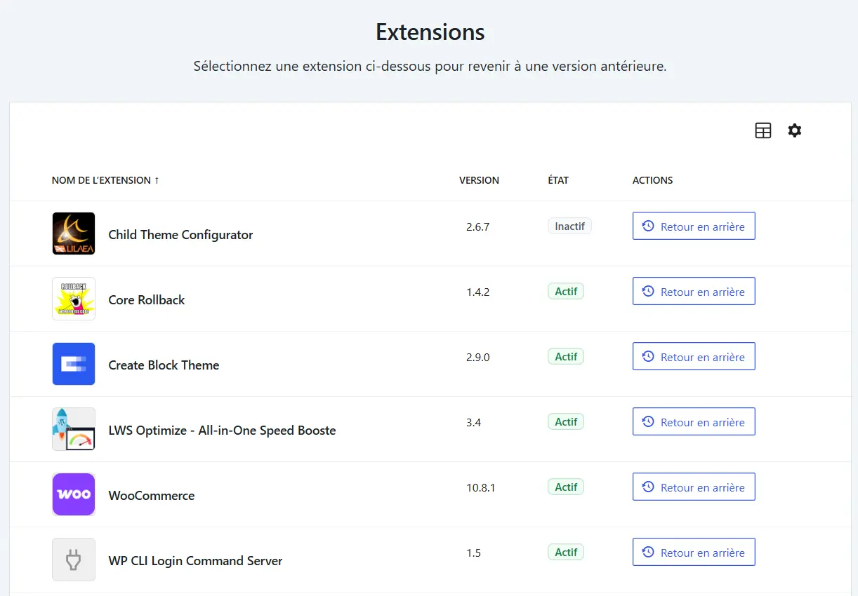 choisir une extension et revenir en arrière