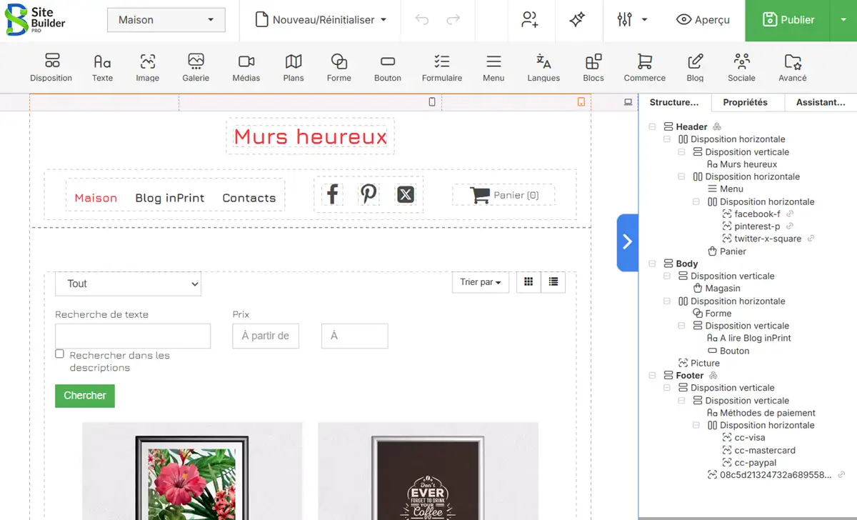 Capture de l'éditeur SiteBuilder Pro permettant de créer le site