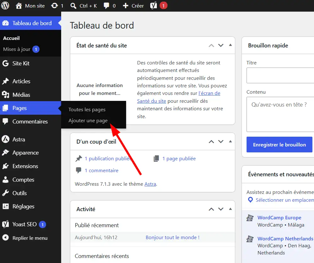 Capture montrant la sous-section "Ajouter une page"