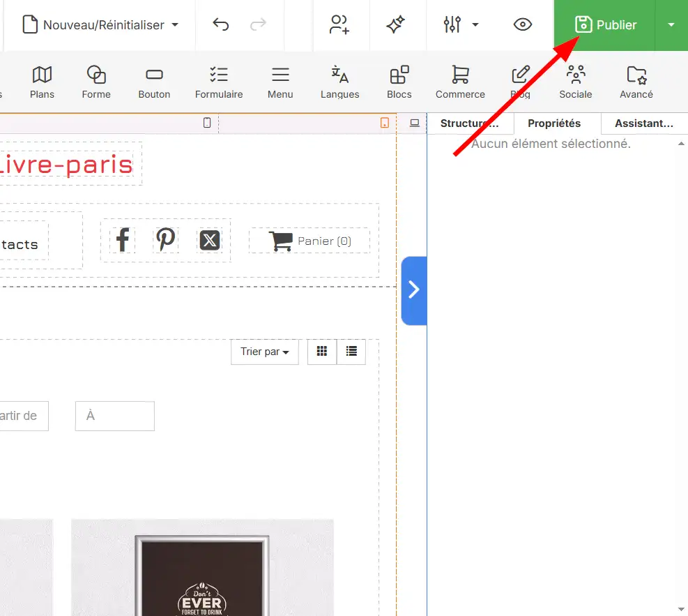 Capture montrant le bouton Publier dans l'éditeur SiteBuilder Pro