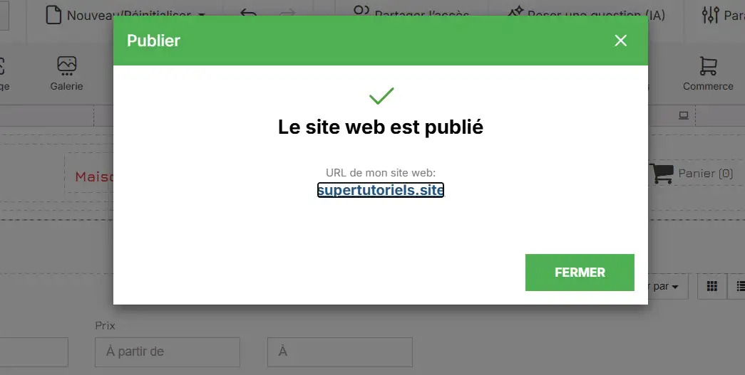 Capture montrant que Le site est publié avec SiteBuilder Pro