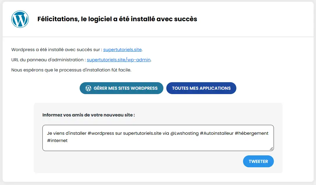 Fenêtre de réussite d'installation de WordPress sur une formule Linux standard