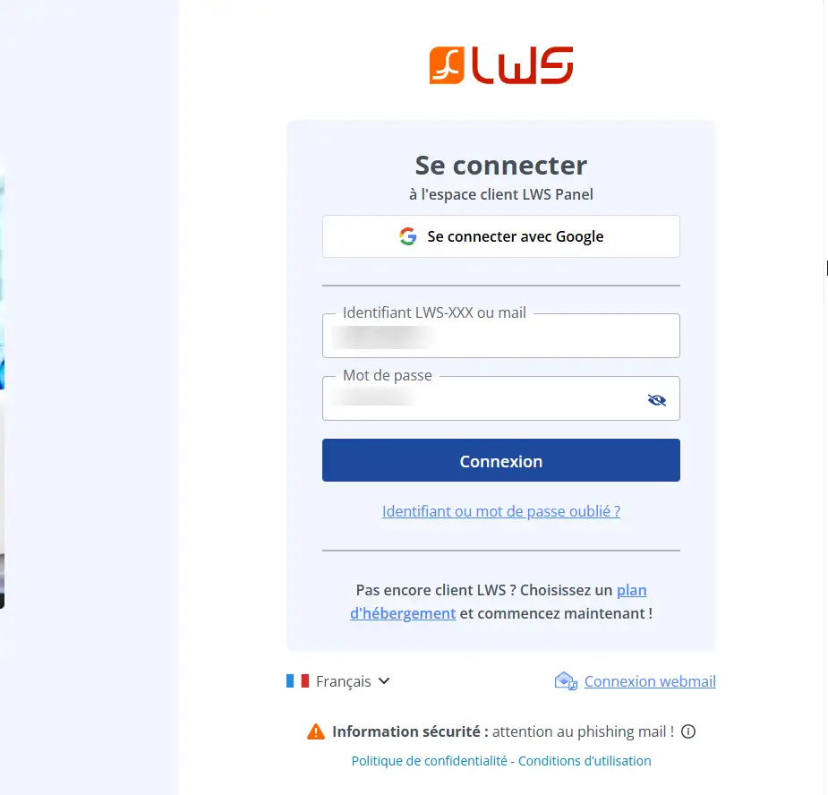 Interface de connexion à LWS Panel