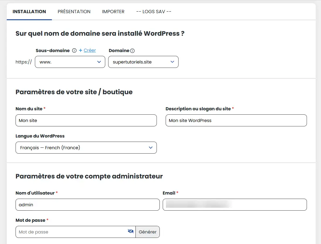 Interface d'installation de WordPress via LWS Auto-installeur avec tous les paramètres