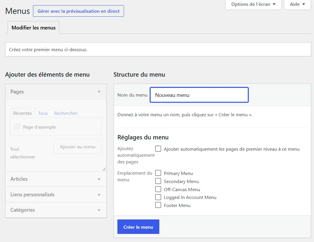 Interface montrant les options de gestion de menus dans le tableau de bord WordPress