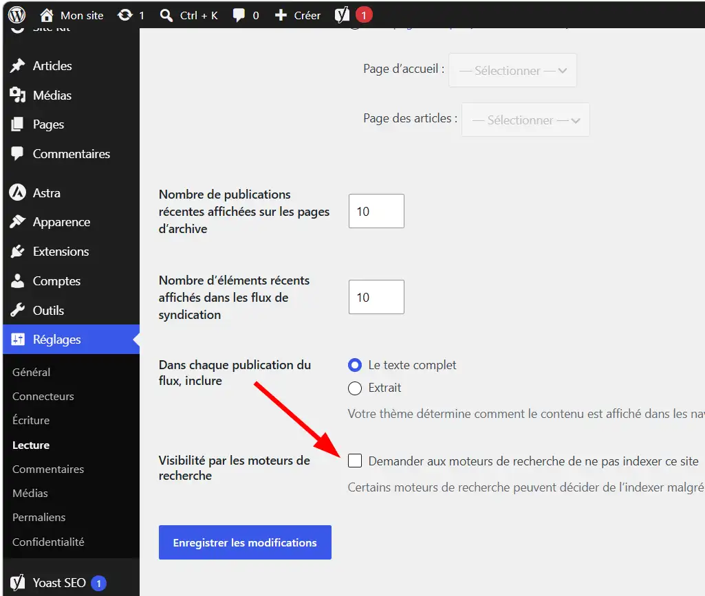 Interface montrant que la case Demander aux moteurs de recherche de ne pas indexer ce site n'est pas cochée