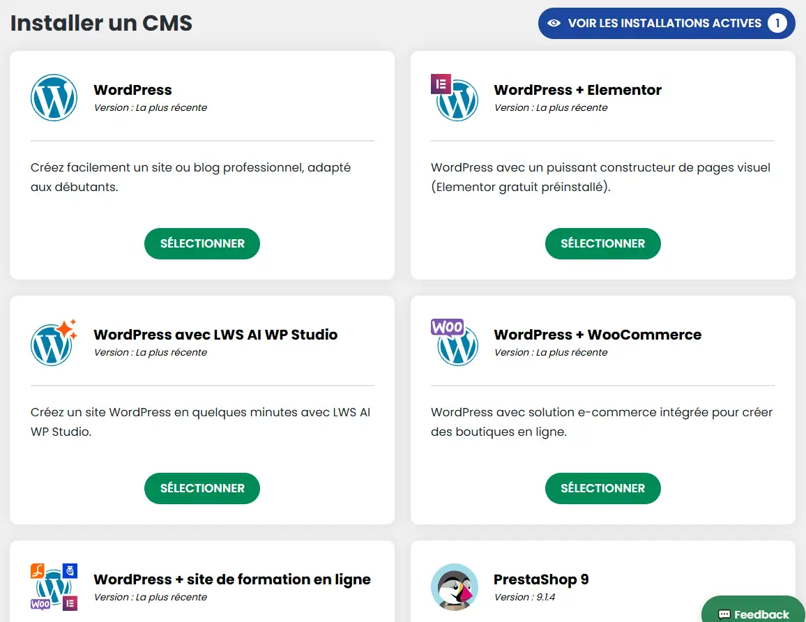 Interface présentant les différents packs d'installation de WordPress