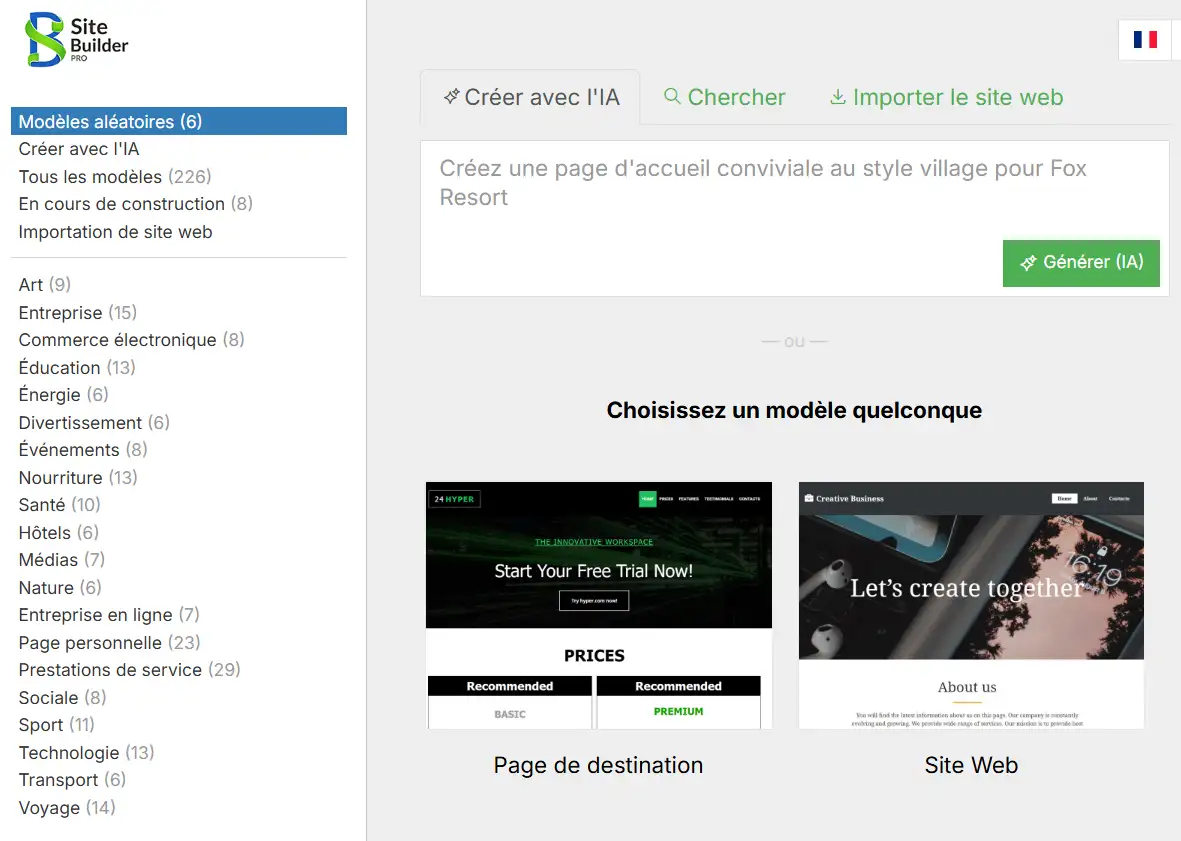 Interface présentant les modeles de création de site avec SiteBuilder Pro et l'IA