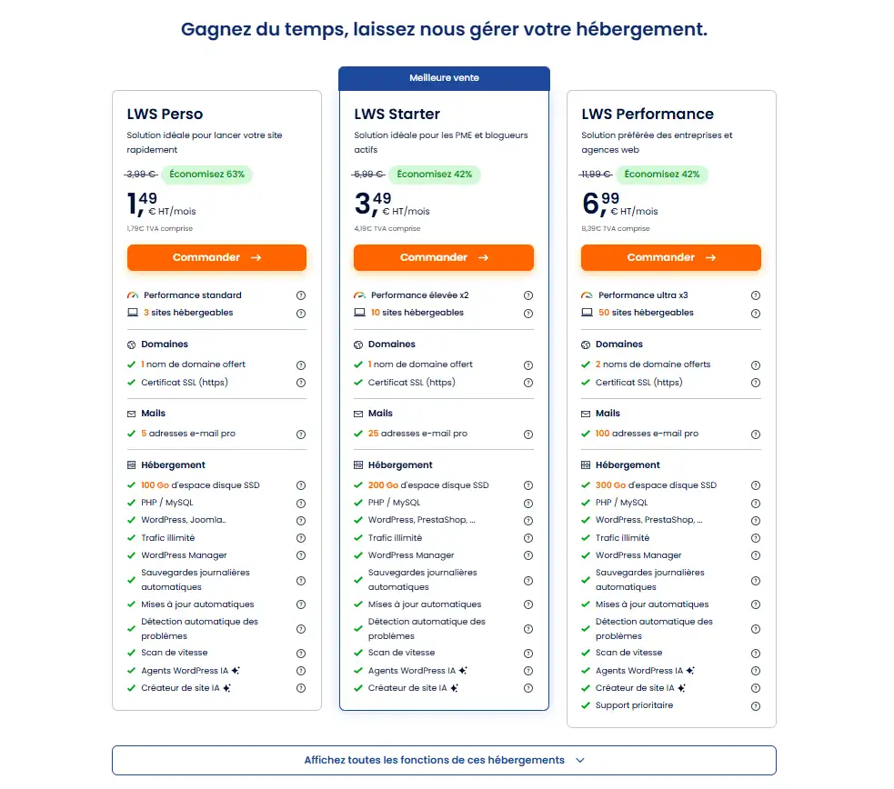 Page de comparaison affichant les différentes formules d'hébergement web LWS sur les serveurs Linux standards