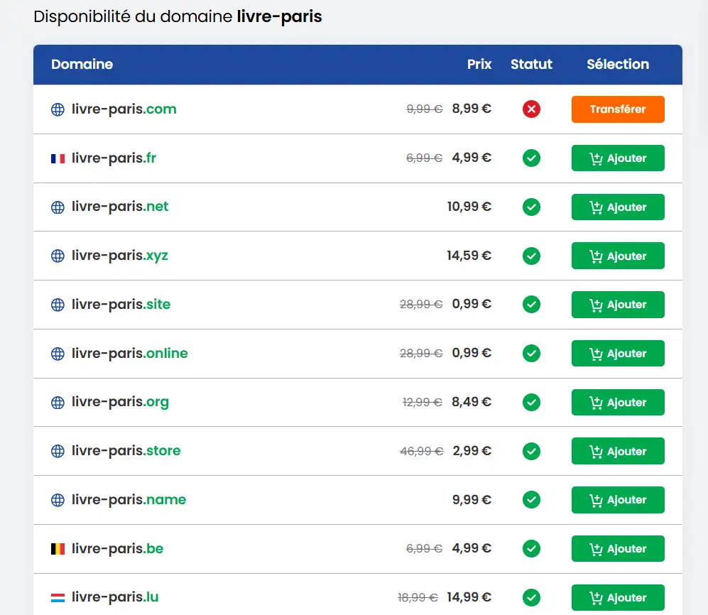 Page de résultats de noms de domaine avec le bouton "Ajouter au panier"