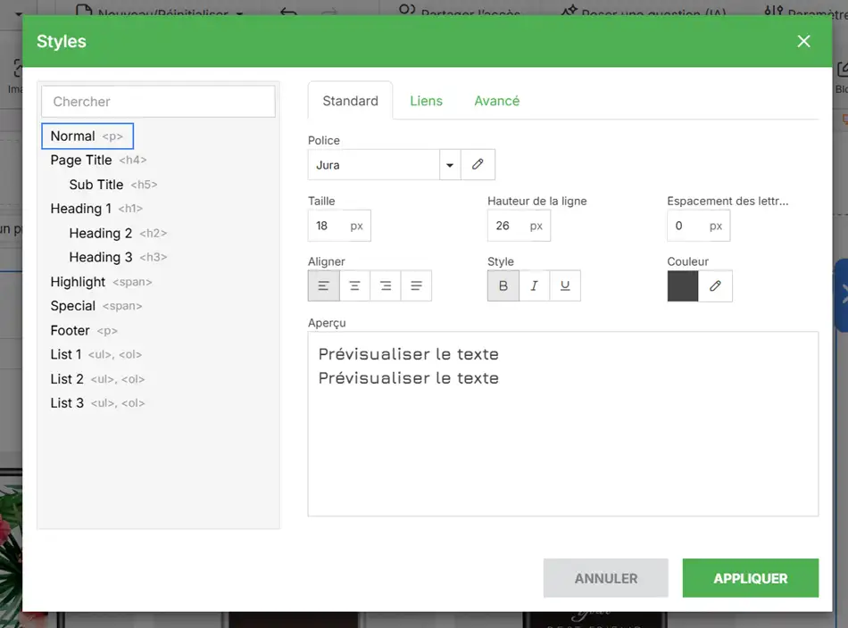 Paramètres de style dans l'éditeur SiteBuilder Pro