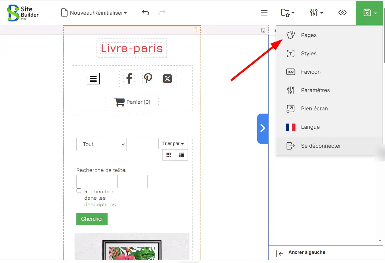 Sélectionner "Pages" dans l'éditeur SiteBuilder Pro