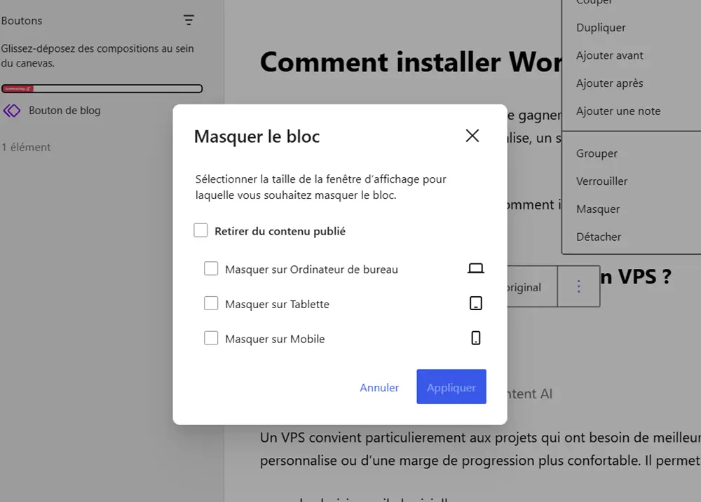 Choisir une option pour masquer le bloc