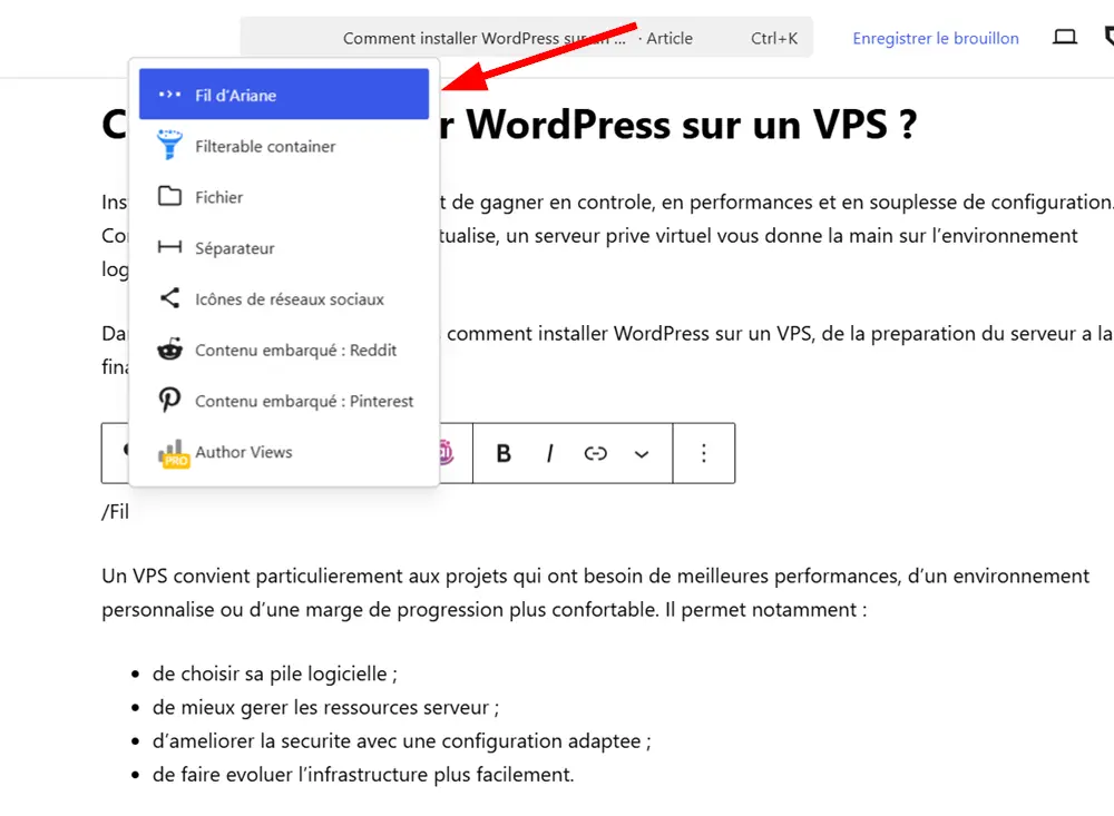 Ajouter le bloc Fil d'ariane dans Gutenberg