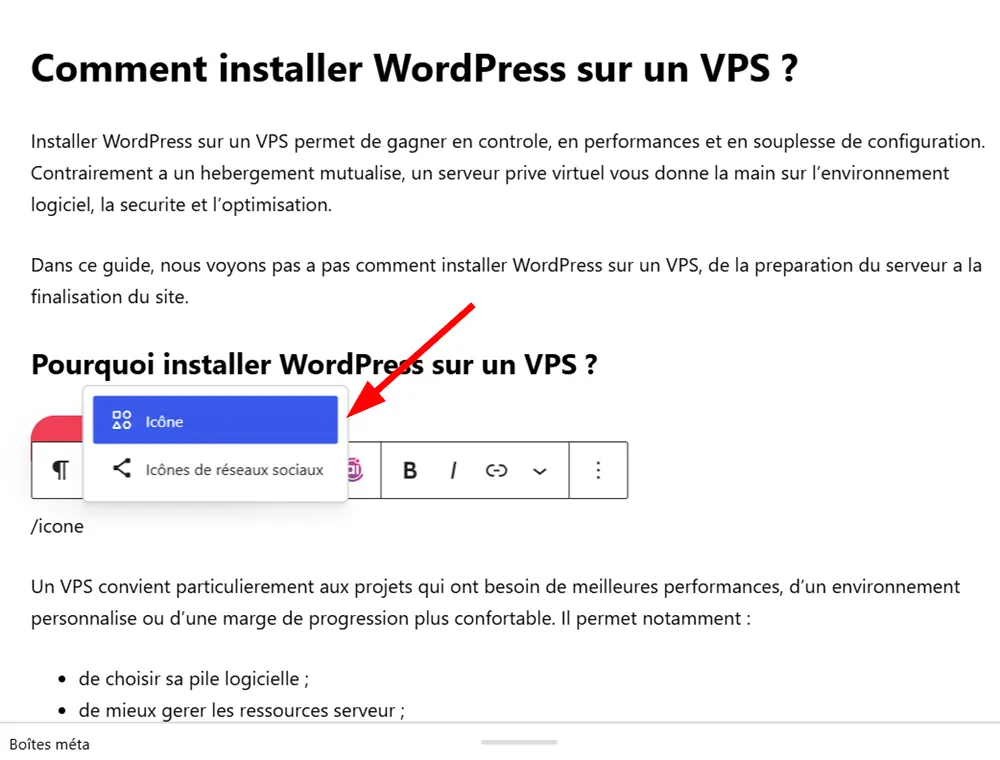 Ajouter le bloc icônes dans WordPress