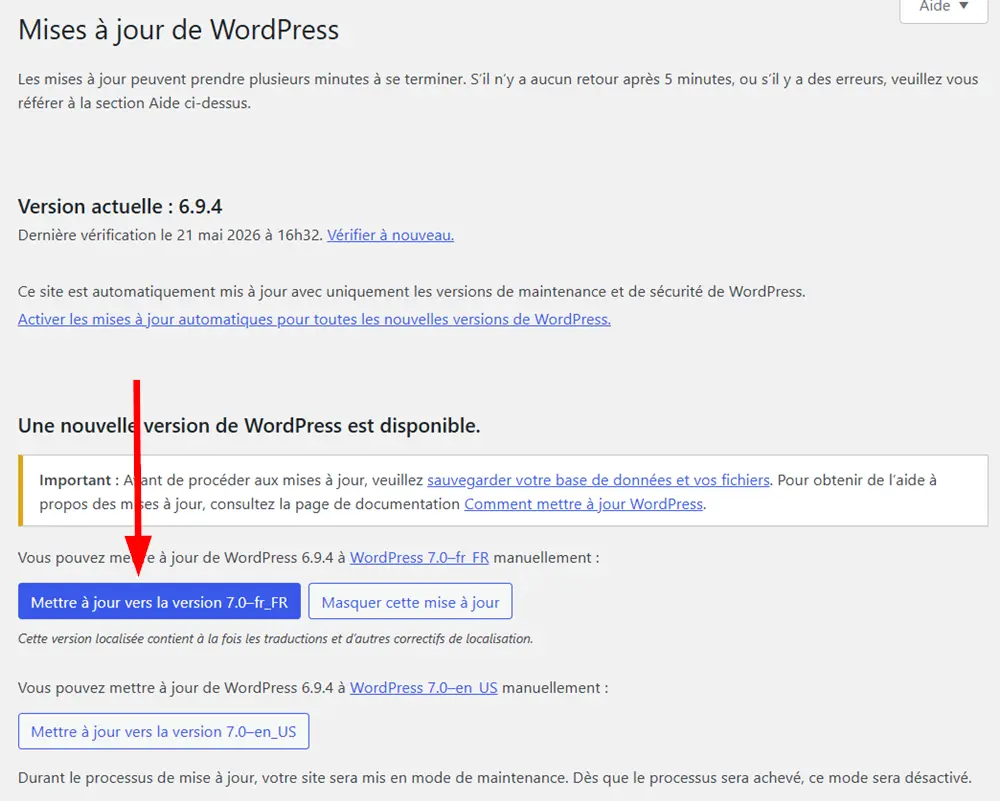 Mettre à jour WordPress 7.0