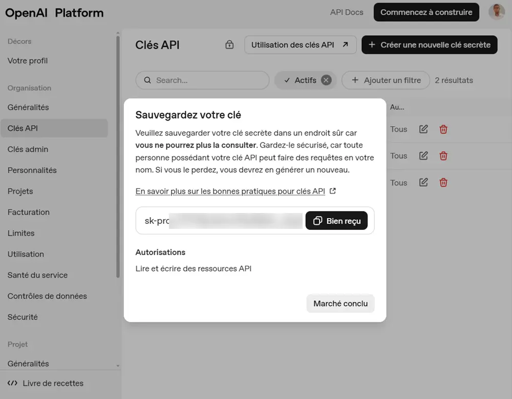 Sauvegarder une clé API sur OpenAI