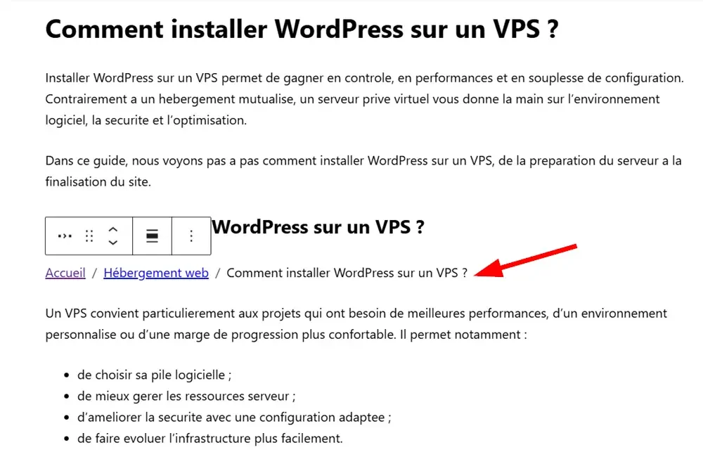 Voir un fil d'ariane ajouté dans WordPress