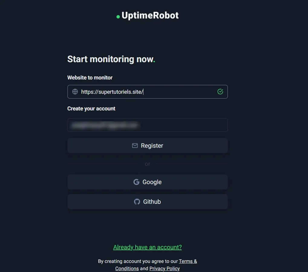 Créer un compte sur uptime robot