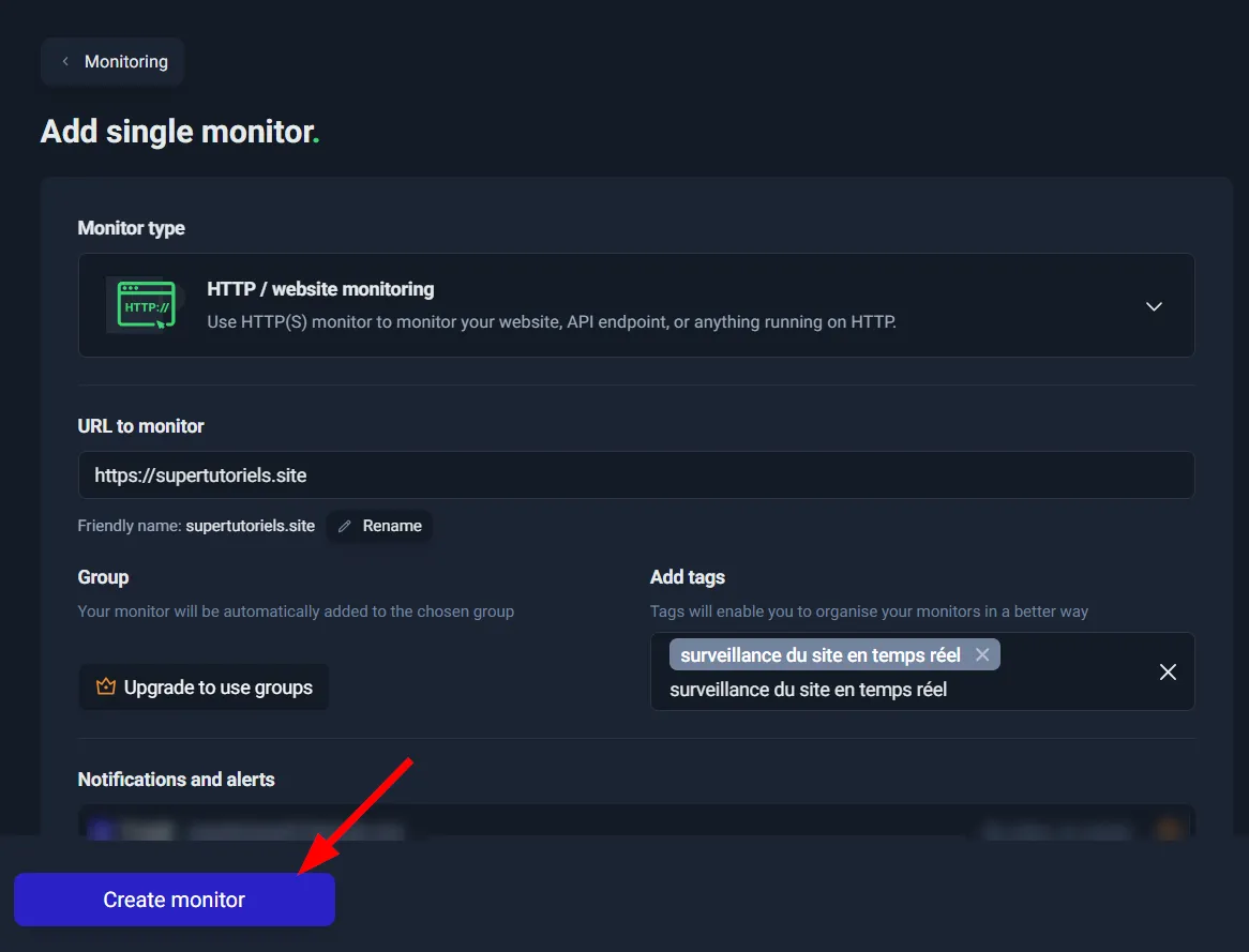 Interface de création de nouveaux moniteurs sur UpTime Robot