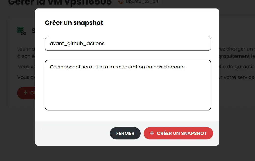 Interface de création de snapshot dans le VPS KVM LWS