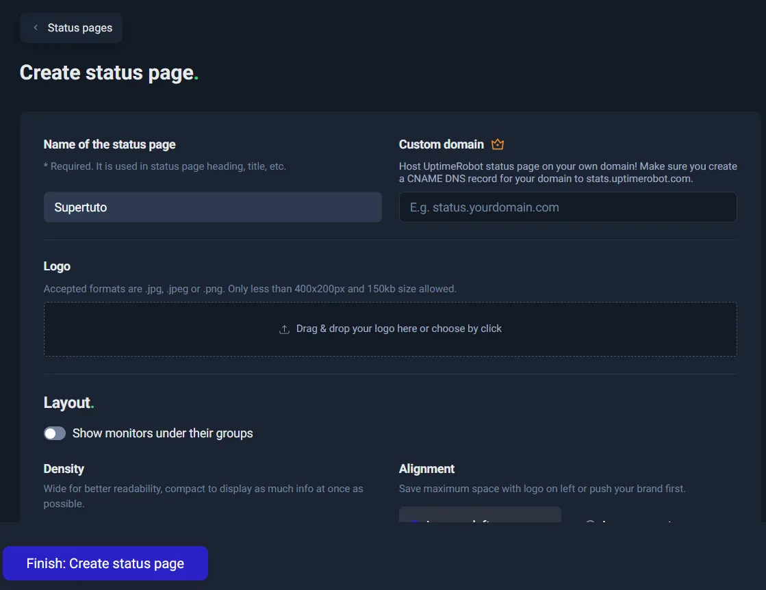 Interface de création de status page dans Uptime robot