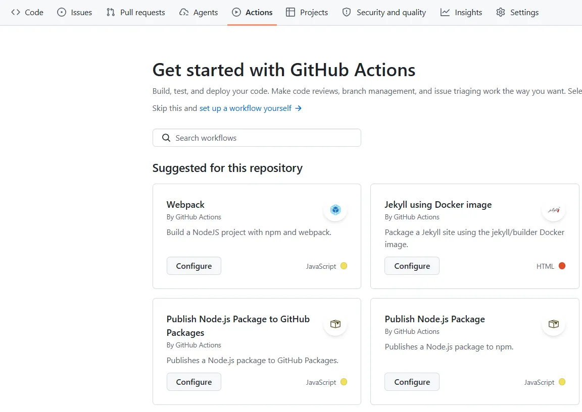 Onglet Github actions